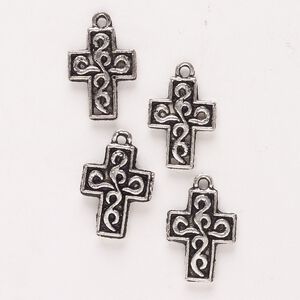 Drop, antique silver-finished "pewter" (zinc-based alloy), 17x12mm-17x15mm double-sided cross with swirls. Sold per pkg of 4.