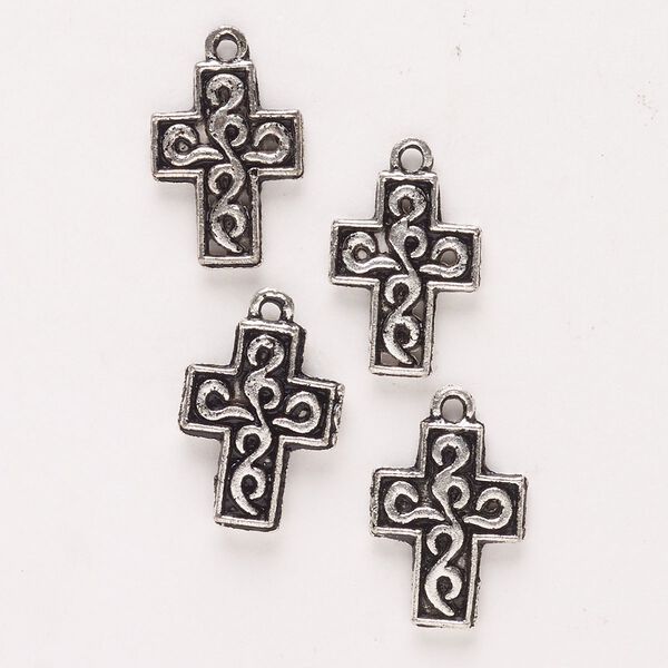 Drop, antique silver-finished "pewter" (zinc-based alloy), 17x12mm-17x15mm double-sided cross with swirls. Sold per pkg of 4. image number 0