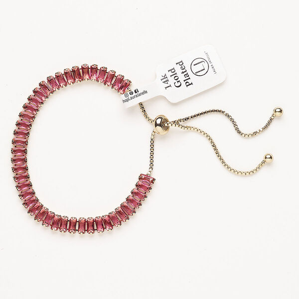 Bracelet, adjustable, brass / glass / silicone, pkg/1, 6 to 10 inches, gold plate and ruby. image number 0