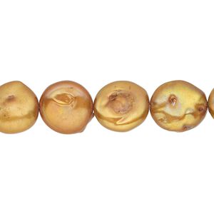 Pearl, cultured freshwater pearl (dyed), terra cotta, 11-13mm flat round, Mohs hardness 2-1/2 to 4. Sold per 15-inch strand, approximately 30 beads.