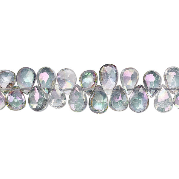 Bead, mystic topaz (coated), 7x5mm hand-cut top-drilled faceted puffed teardrop, B+ grade, Mohs hardness 8. Sold per 4-inch strand, approximately 35-40 beads. image number 0