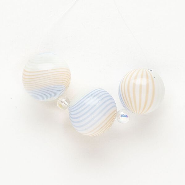 Bead 1pkg3 handblown glass, 20-21mm round / line design, translucent white / multicolored image number 0