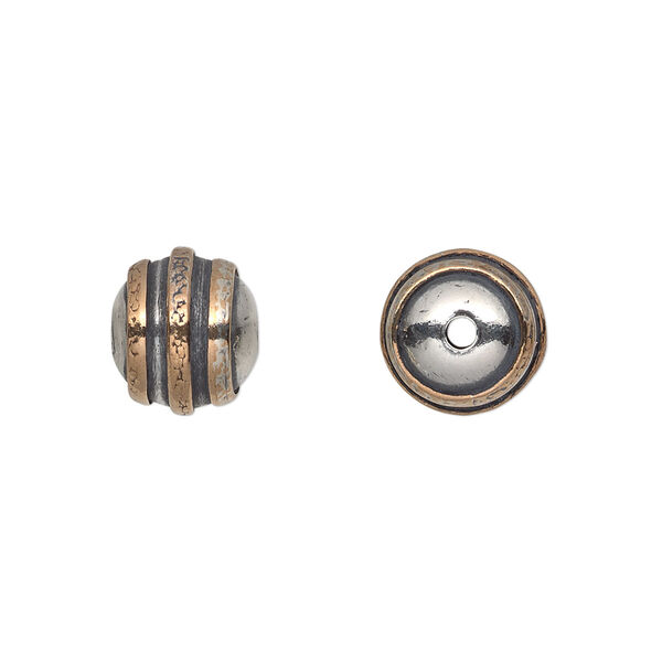 Bead, antiqued sterling silver and copper, 10mm round with textured concentric circles. Sold individually. image number 0