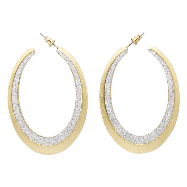Earring, stainless steel with gold-finished brass and steel, silver with glitter, 2 inches with scratched open oval hoop and post. Sold per pair. image number 0