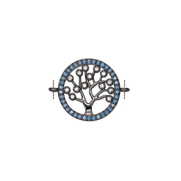 Link, cubic zirconia and black-finished brass, clear and blue, 15mm single-sided round with tree of life design. Sold individually. image number 0