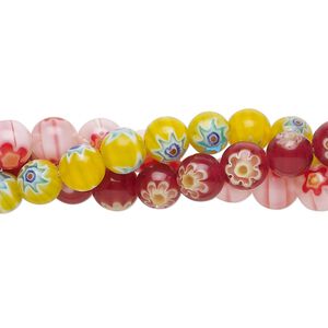 Bead, millefiori glass, translucent red and multicolored, 6mm round. Sold per pkg of (3) 14-inch strands.