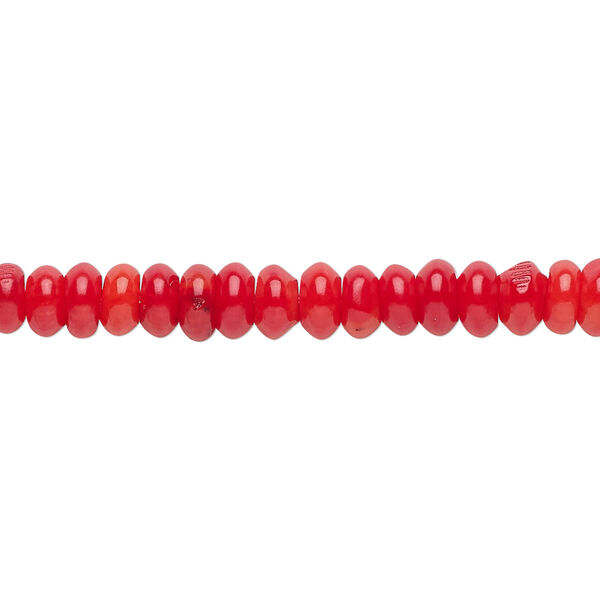 Bead, bamboo coral (dyed), red, 6x3mm hand-cut rondelle, B- grade, Mohs hardness 3-1/2 to 4. Sold per 15-1/2" to 16" strand. image number 0