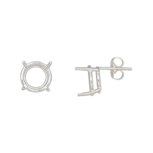 Earstud 1pkg2 Sure-Set™ sterling silver, 10mm round pre-notched 4-prong basket-style setting / earnuts, 1 pair image number 0