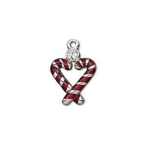 Charm, enamel / crystals / imitation rhodium-plated "pewter" (zinc-based alloy), crystal clear and red, 18x14mm single-sided candy cane heart. Sold individually.