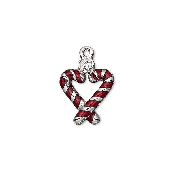 Charm, enamel / crystals / imitation rhodium-plated "pewter" (zinc-based alloy), crystal clear and red, 18x14mm single-sided candy cane heart. Sold individually. image number 0