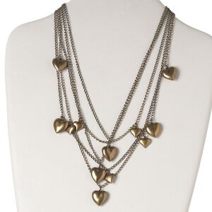Necklace, 5-strand, antiqued gold-plated brass, 16x16mm puffed heart, 16 inches and 3-inch extender chain and lobster claw clasp. Sold individually.