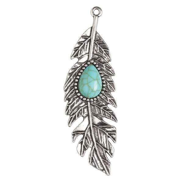 Focal, antique silver-finished "pewter" (zinc-based alloy) and "turquoise" (resin) (imitation), turquoise blue, 65x22mm single-sided feather. Sold per pkg of 2. image number 0