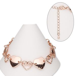 Bracelet, copper-finished steel and "pewter" (zinc-based alloy), 16x13mm open twisted heart and 17x16mm heart, 7 inches with 2-1/4 inch extender chain and lobster claw clasp. Sold individually.