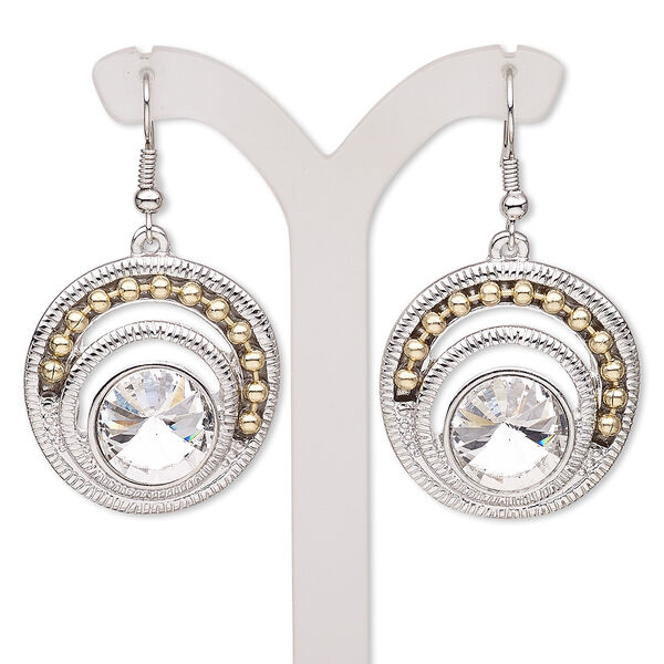 Earring, glass rhinestone with antique silver-plated brass and "pewter" (zinc-based alloy), clear, 48mm with round and fishhook ear wire. Sold per pair. image number 0