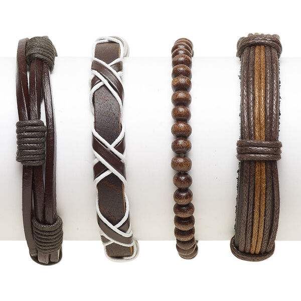 Bracelet mix, Everyday Jewelry, leather (dyed) / faux leather (dyed) / Japanese pagoda wood / waxed cotton cord, dark brown / brown / white, 5-14mm wide, 7-8 inches. Sold per pkg of 4. image number 0