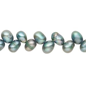 Pearl, cultured freshwater (dyed), iris green, 7x5mm-8x6mm herringbone-drilled rice with 0.4-0.6mm hole, C- grade, Mohs hardness 2-1/2 to 4. Sold per 15-inch strand.