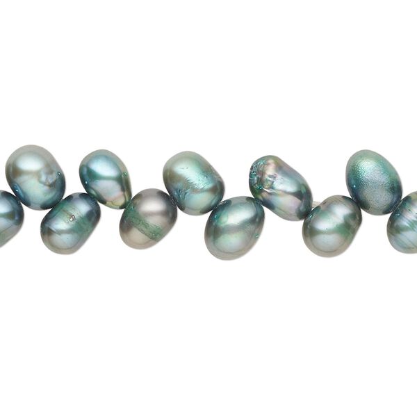 Pearl, cultured freshwater (dyed), iris green, 7x5mm-8x6mm herringbone-drilled rice with 0.4-0.6mm hole, C- grade, Mohs hardness 2-1/2 to 4. Sold per 15-inch strand. image number 0