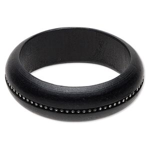 Bracelet, bangle, painted wood and glass rhinestones, black and clear, 25mm wide, 8 inches. Sold individually.
