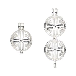 Drop, silver-finished "pewter" (zinc-based alloy), 28x21mm round bead cage with cutout design, fits up to 17mm bead. Sold individually.