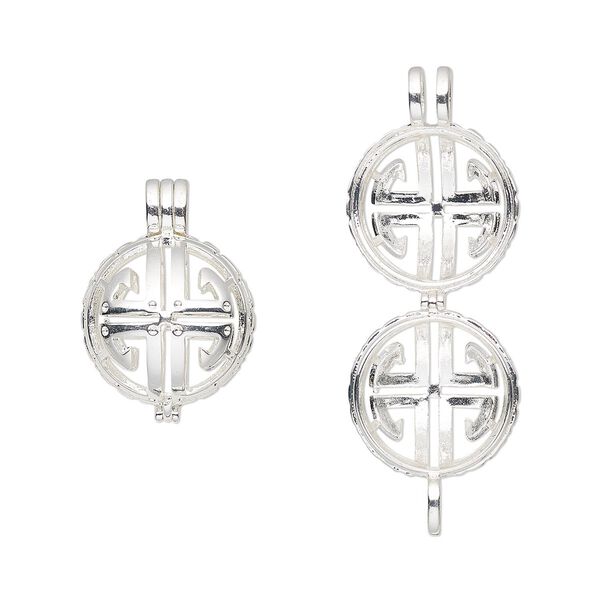 Drop, silver-finished "pewter" (zinc-based alloy), 28x21mm round bead cage with cutout design, fits up to 17mm bead. Sold individually. image number 0