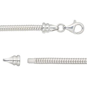 Chain, sterling silver, 3mm snake, 16 inches with lobster claw clasp and (2) 5mm end caps. Sold individually.