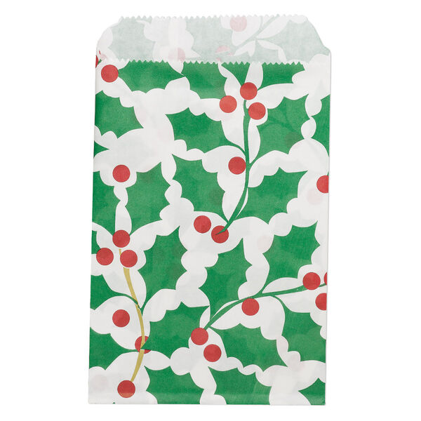 Bag, paper, green / red / white, 6x4 inches with holly design and scalloped top edge. Sold per pkg of 100. image number 0