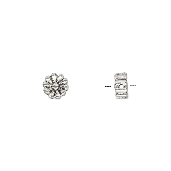 Bead, antique silver-plated "pewter" (zinc-based alloy), 6x6mm double-sided flat round daisy. Sold per pkg of 20. image number 0