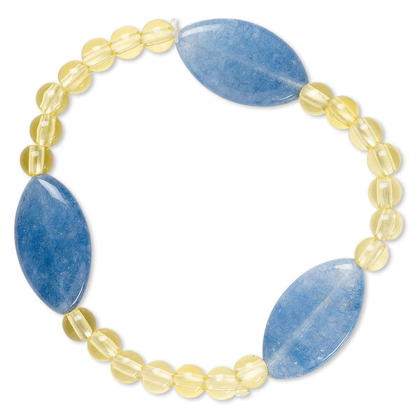 Bracelet, stretch, quartz (dyed) and acrylic, yellow and blue, 5mm round and 24x14mm-25x15mm puffed marquise, 6-1/2 inches. Sold individually. image number 0