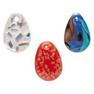 Random focal mix, lampworked glass, opaque mixed colors, 50x33mm-50x35mm domed teardrop with copper-colored glitter and silver-colored foil. Sold per pkg of 3.