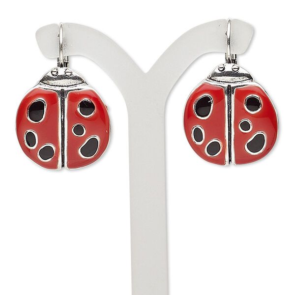 Earring, enamel and antique silver-plated brass, red and black, 32mm with ladybug and leverback ear wire. Sold per pair. image number 0