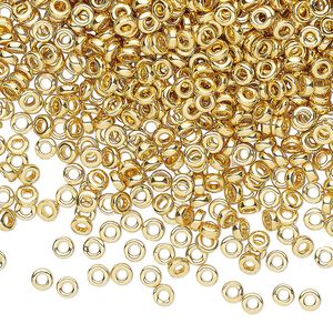 Seed bead, Miyuki, glass, pkg/4g, 3x1.3mm spacer rondelle, opaque 14Kt gold-plated, (SPR3-191).