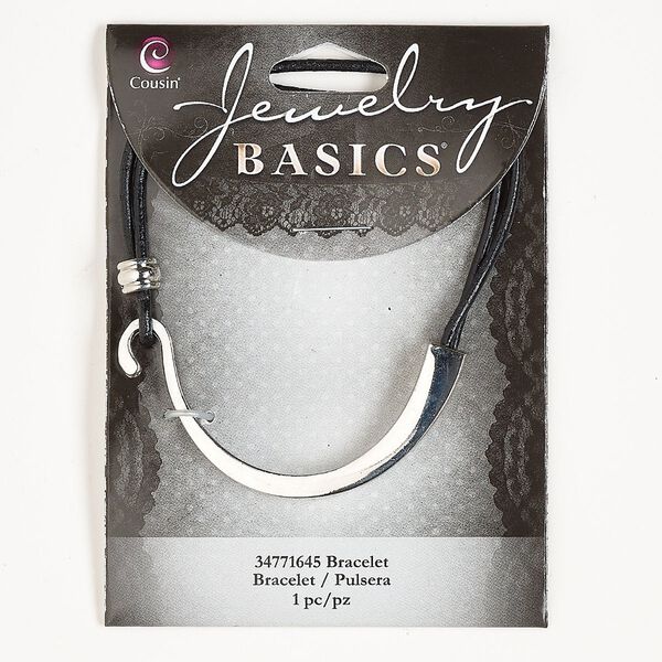 Bracelet, silver-finished brass and leatherette, black, 10mm wide, 7 inches with hook clasp. Sold individually. image number 0
