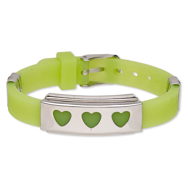 Bracelet, Softique™, silicone and stainless steel, light green, 16mm wide with 39x16mm rectangle and cutout hearts, adjustable from 5-1/2 to 7-1/2 inches with buckle-style closure. Sold individually. image number 0
