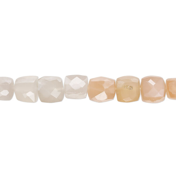 Bead, peach moonstone / grey moonstone / white moonstone (natural), light, 6mm-8x7mm hand-cut faceted cube with set pattern and 0.4-1.4mm hole, B grade, Mohs hardness 6 to 6-1/2. Sold per 10-inch strand, approximately 40 beads. image number 0