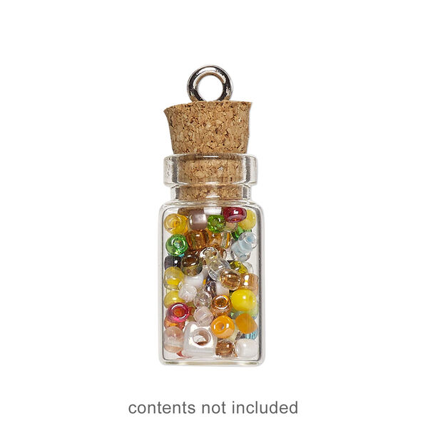 Component, glass / cork / nickel-finished steel, clear, 22x11mm bottle with stopper and screw eye. Sold per pkg of 100. image number 0