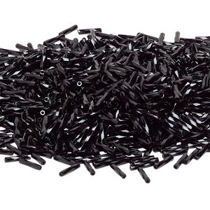 Bead, Miyuki, bugle bead, glass, pkg/250 g, 9x2mm center-drilled twisted, opaque black, (TW-401).