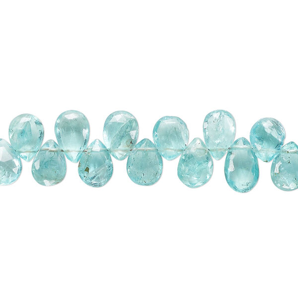 Bead, blue-green apatite (natural), 6x4mm-8x5mm hand-cut top-drilled faceted puffed teardrop, B grade, Mohs hardness 5. Sold per 8--inch strand, approximately 55 beads. image number 0