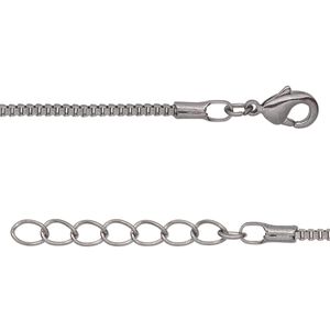 Chain, gunmetal-plated brass, 1.5mm Venetian box, 36 inches with 1-inch extender chain and lobster claw clasp. Sold per pkg of 2.