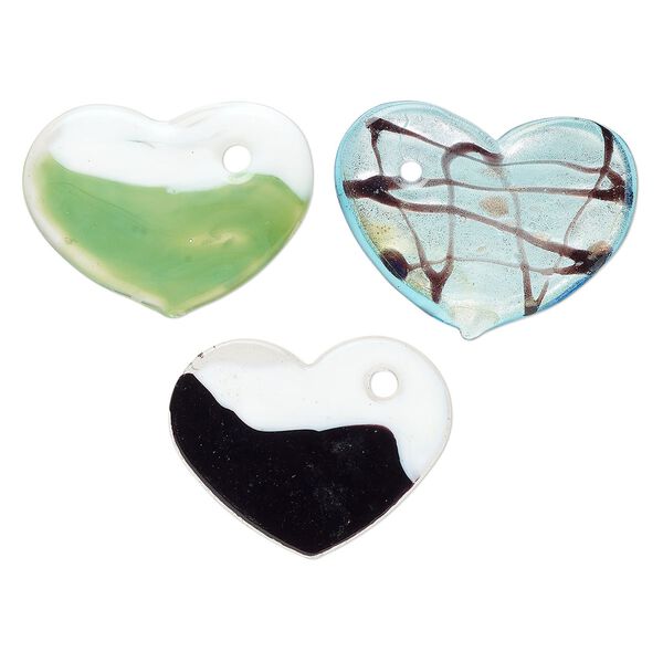 Random focal mix, lampworked glass, translucent mixed colors, 43x35mm-50x40mm flat heart with copper-colored glitter and silver-colored foil. Sold per pkg of 3. image number 0