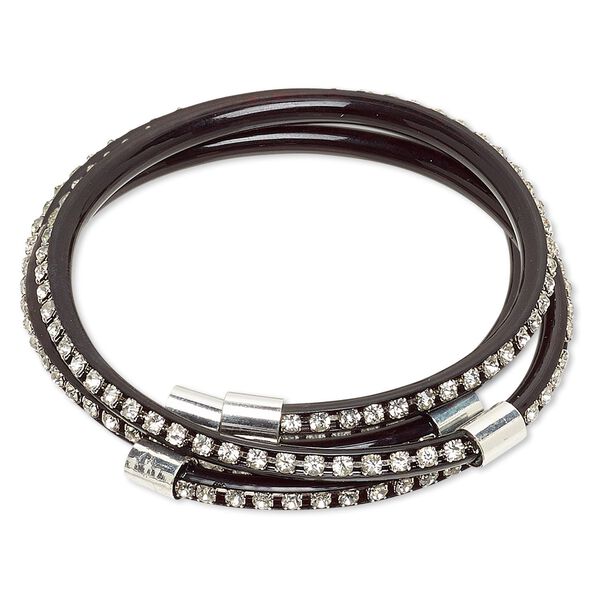 Bracelet, cuff, PVC plastic / glass rhinestone / silver-finished brass, black and clear, 4mm wide with cupchain, adjustable from 7-8 inches. Sold per pkg of 2. image number 0