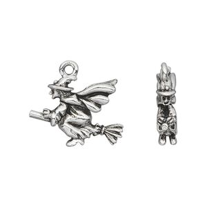 Charm, pewter (tin-based alloy), pkg/1, antique silver plate, 20x18mm double-sided witch on broomstick.