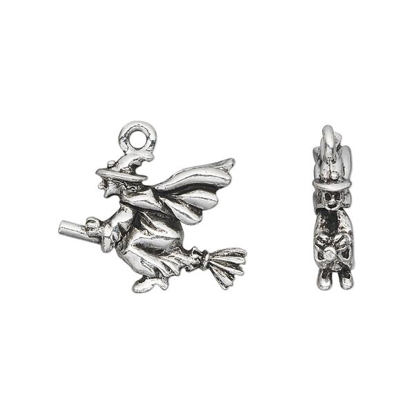 Charm, pewter (tin-based alloy), pkg/1, antique silver plate, 20x18mm double-sided witch on broomstick. image number 0