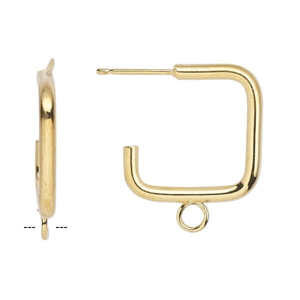 Earstud, gold-plated steel and stainless steel, 17mm 3/4 square with closed loop. Sold per pkg of 5 pairs. image number 0