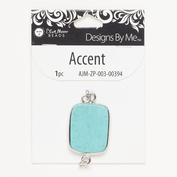 Focal, silver-finished steel and howlite (dyed), turquoise blue with matrix, 31x26mm rectangle. Sold individually. image number 0