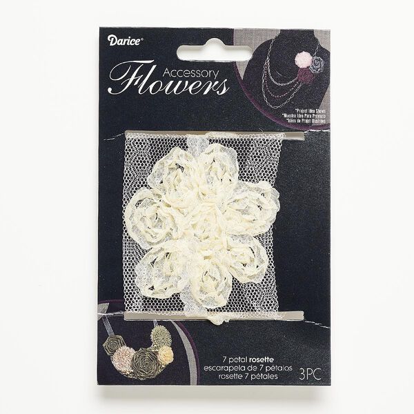 Sew-on component, fabric, ivory, 2-1/2 to 2-3/4 inch flower. Sold per pkg of 3. image number 0