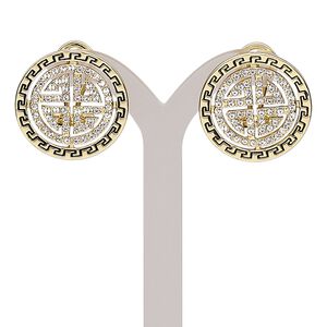 Earring, Austrian crystal / enamel / stainless steel / gold-finished brass / "pewter" (zinc-based alloy), black and clear, 22mm round with Greek key and cutout design with post and latch-back closure. Sold per pair.