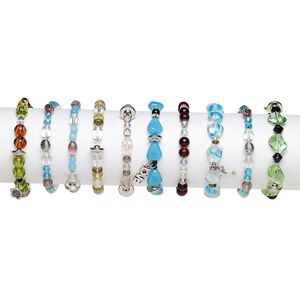 Bracelet mix, stretch, glass / steel / mix-coated plastic, multicolored, 3-16mm multi-shape, 7 inches. Sold per pkg of 10.