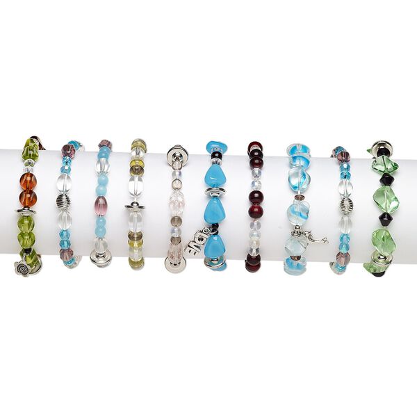 Bracelet mix, stretch, glass / steel / mix-coated plastic, multicolored, 3-16mm multi-shape, 7 inches. Sold per pkg of 10. image number 0