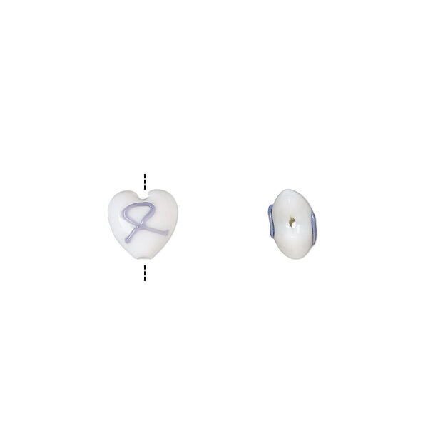 Bead, lampworked glass, opaque white and periwinkle, 14x14mm double-sided puffed heart with awareness ribbon. Sold per pkg of 2. image number 0