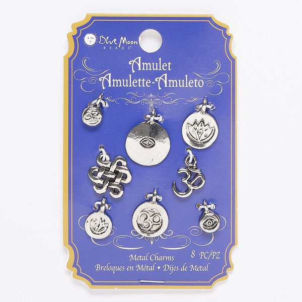 Charm and drop mix, silver-finished "pewter" (zinc-based alloy), 7mm-18x14mm single- and double-sided luck symbols. Sold per pkg of 8. image number 0